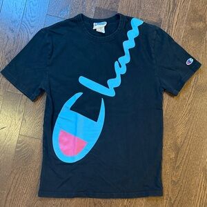 Champion Black Tee with Blue and Pink Large Logo